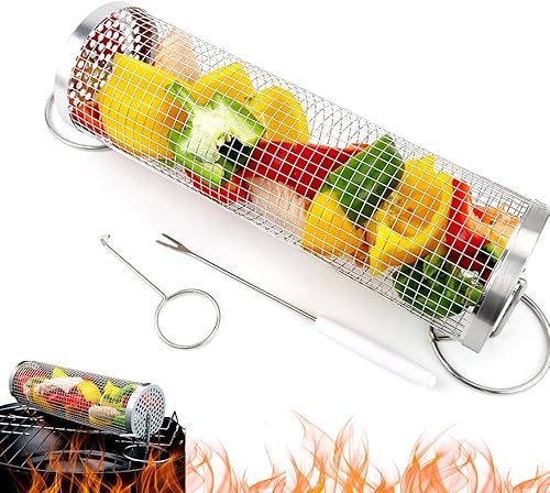 Cesta de barbacoa con tapa  Cesta de barbacoa de acero inoxidable para exteriores  Accesorios de cocina cilíndricos de malla redonda para barbacoa