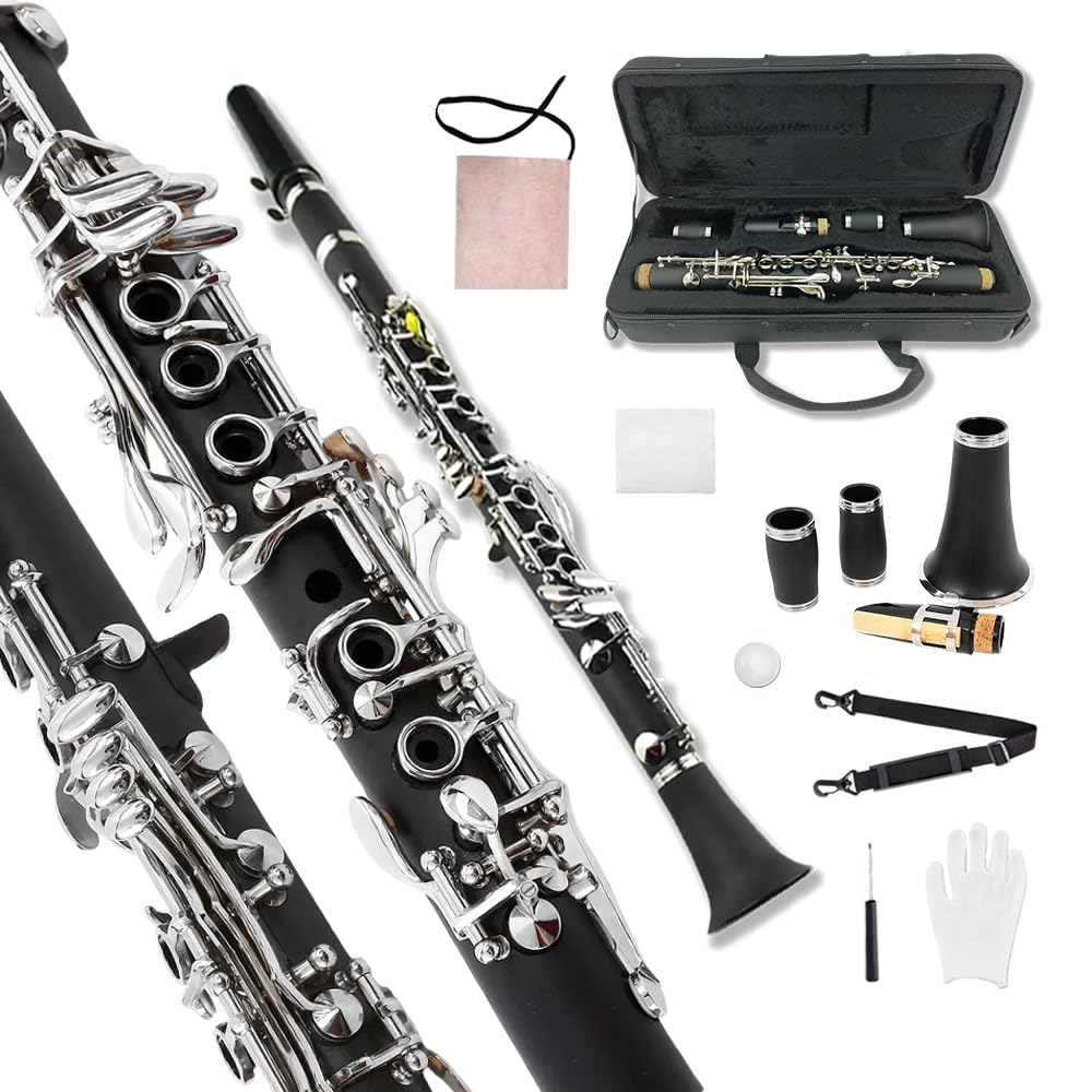 Yinfente Professional Ebonite Clarinete E Key Clarinet for Beginner Students with 2 Barrels Hard Case Cleaning Kit Mouthpice Cork Grease Gloves