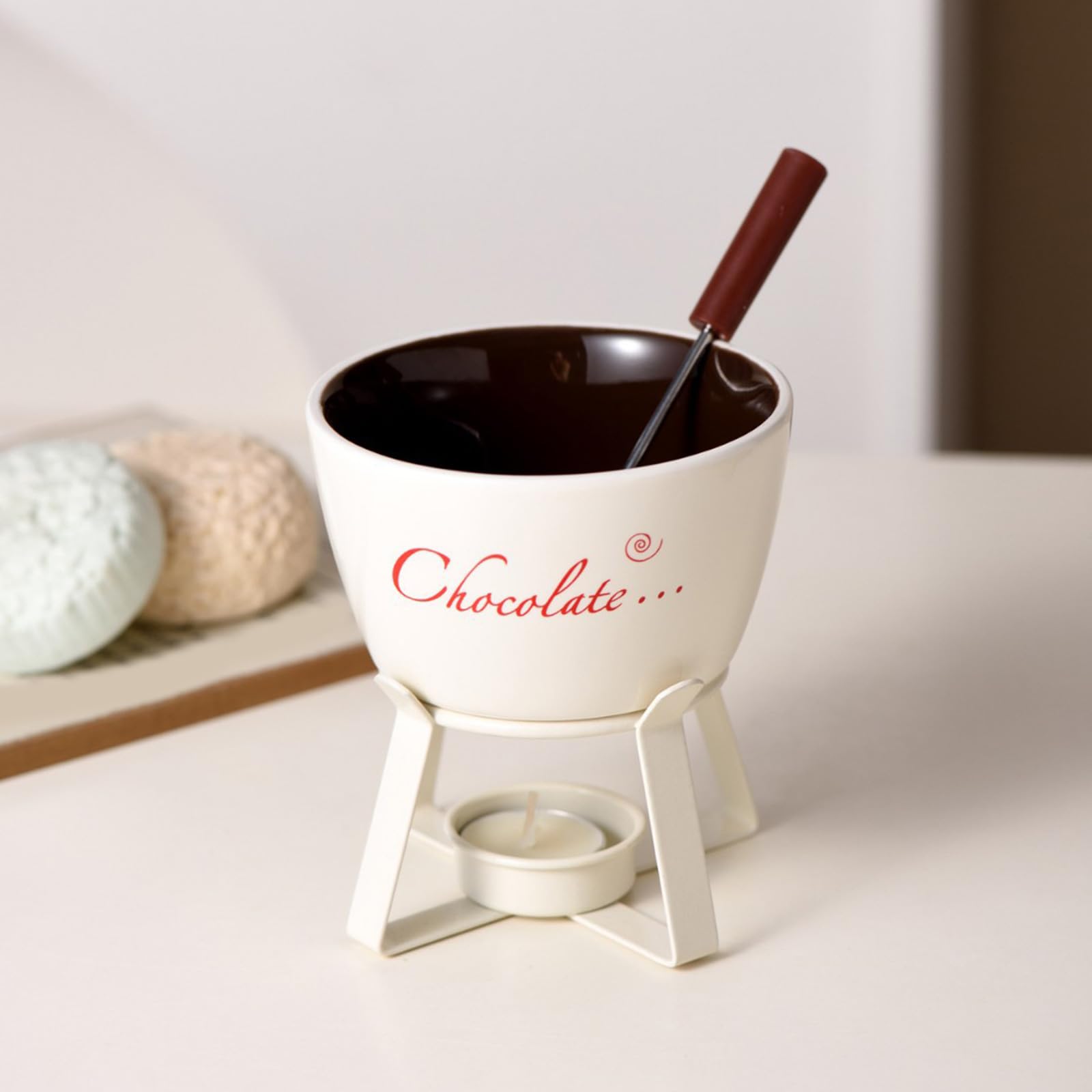 Set di pentole per fonduta, in porcellana, per formaggio, cioccolato, burro, caramello, scalda burro in ceramica con forchetta scaldavivande