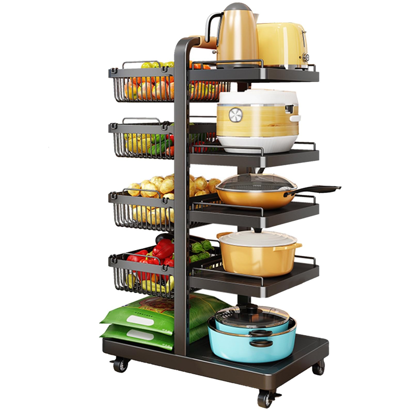 Rejilla ajustable para sartenes y ollas de 10 niveles con 6 bandejas, 4 cestas y ruedas, soporte para utensilios de cocina a presión, estante de almacenamiento de hierro fundido resistente para coci