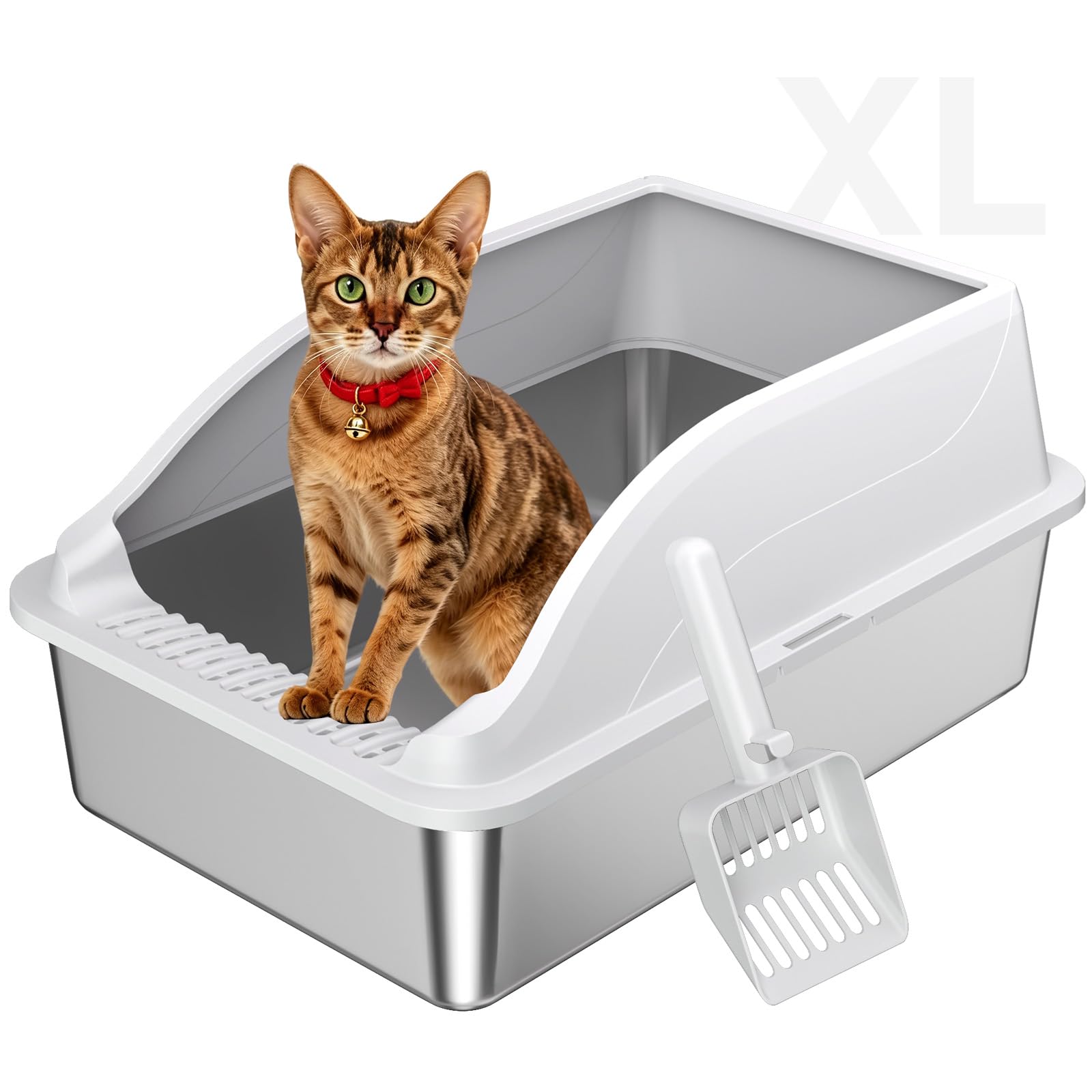 KISENG Stainless Steel Cat Litter Box, Extra Large XL Odor Free Metal Litter Box with High Sides Lid, Open Top Litter Pan Include Scoop Easy Cleaning Kitty Cat Box Anti-Urine Leakage, Non-Sticky