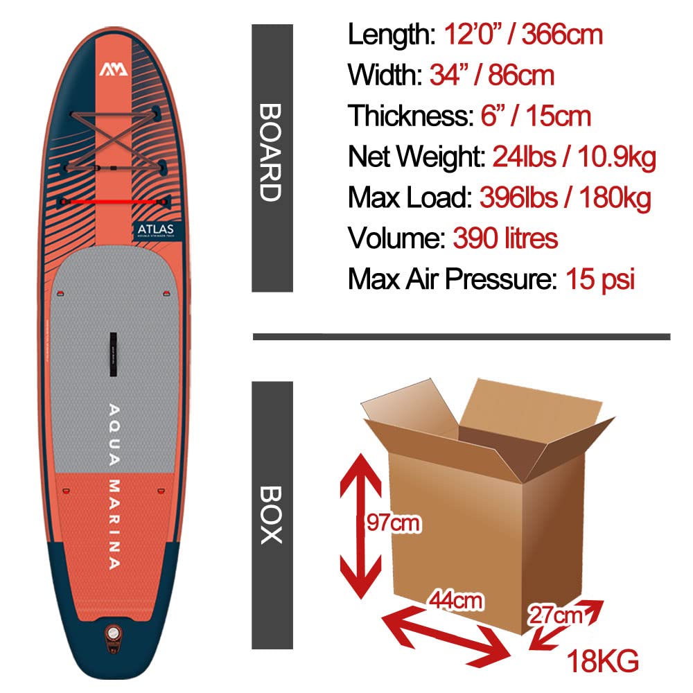 Aqua Marina ATLAS - Tavola gonfiabile per stand up paddle (iSUP), 3,7 m, lunghezza 366 cm