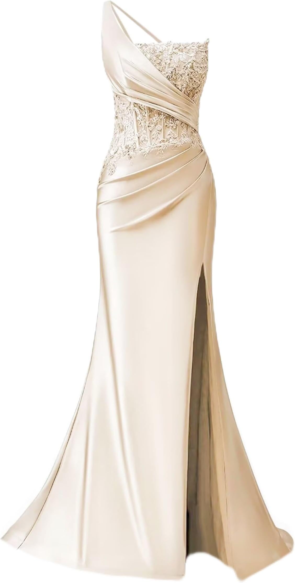 One Shoulder Satin Prom Dresses Mermaid Lace Applique Beaded Evening Formal Ball Gowns with Slit
