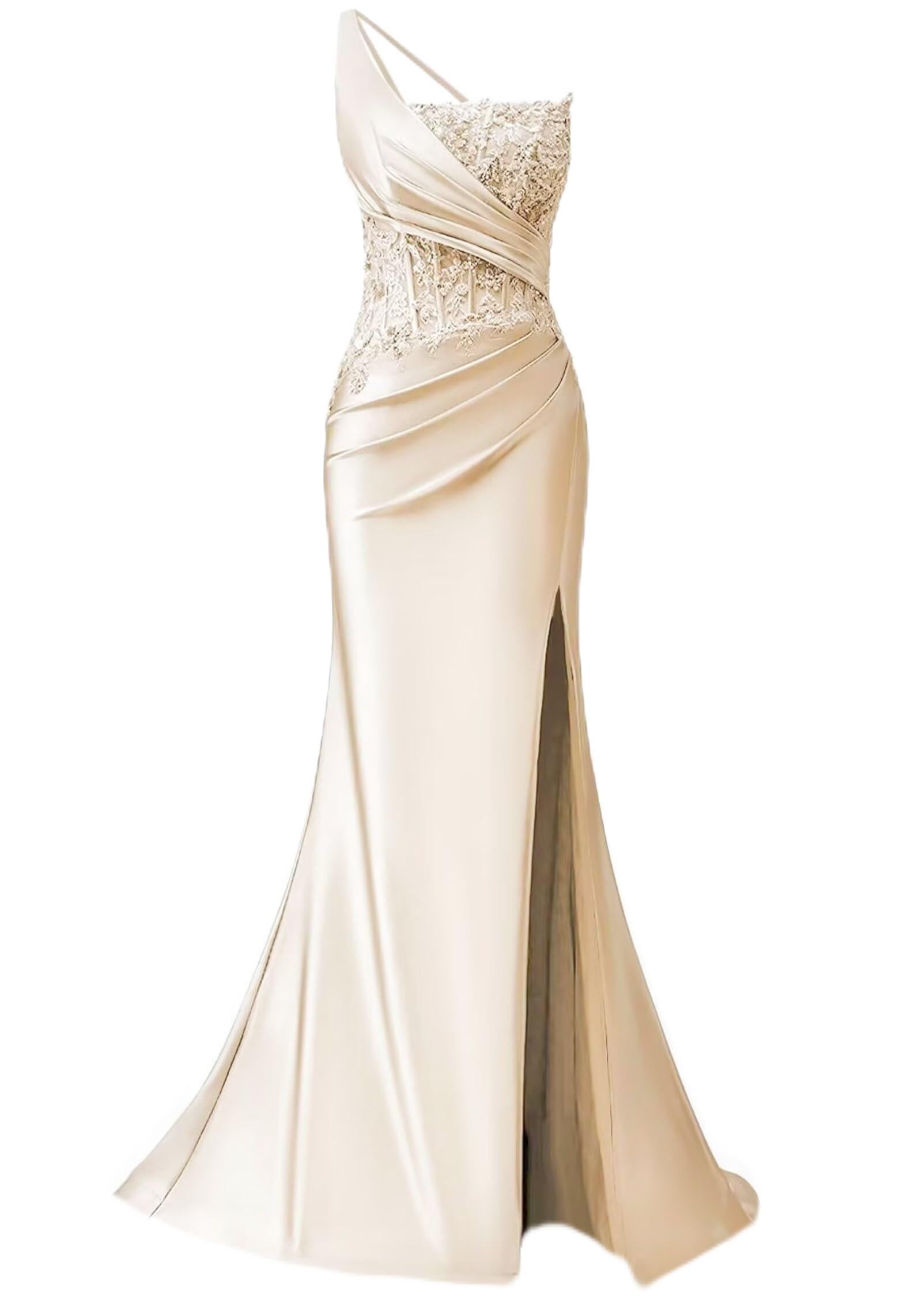 One Shoulder Satin Prom Dresses Mermaid Lace Applique Beaded Evening Formal Ball Gowns with Slit