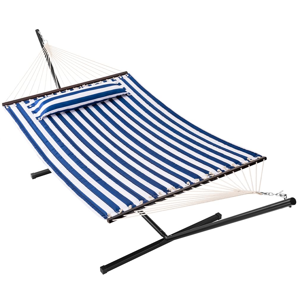 Amaca da Giardino con Supporto a Brasiliana, Telaio in Acciaio, Capacità di Carico 200 kg, Blu/Bianco