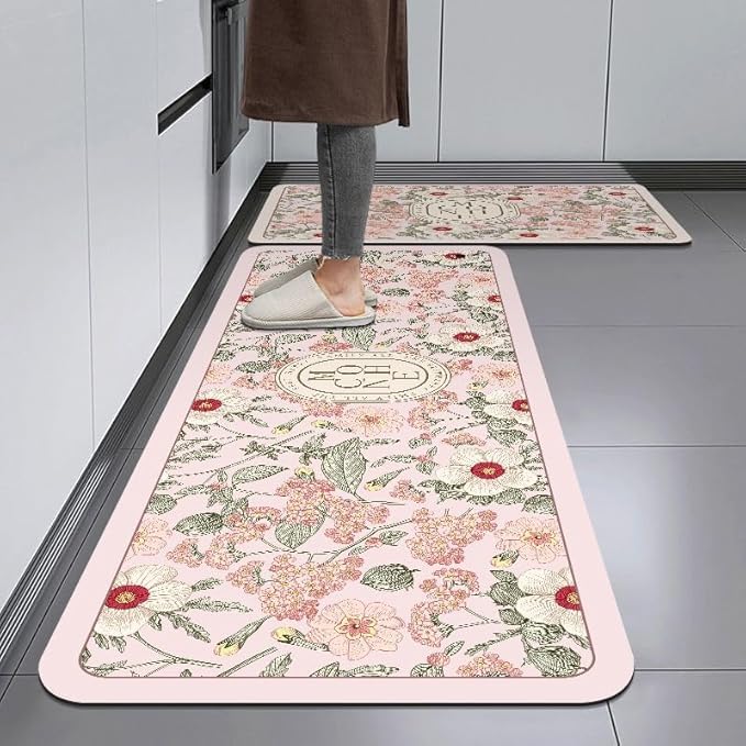 Image of HomeCloud Rubber Kitchen Mats for Floor Set of 2 Pcs|Non-Skid, Soft Absorbent Rugs for Kitchen, Laundry, and Hallway|120x40cm, 40x60cm| 4mm Thickness (Mconhe Pink Flower)
