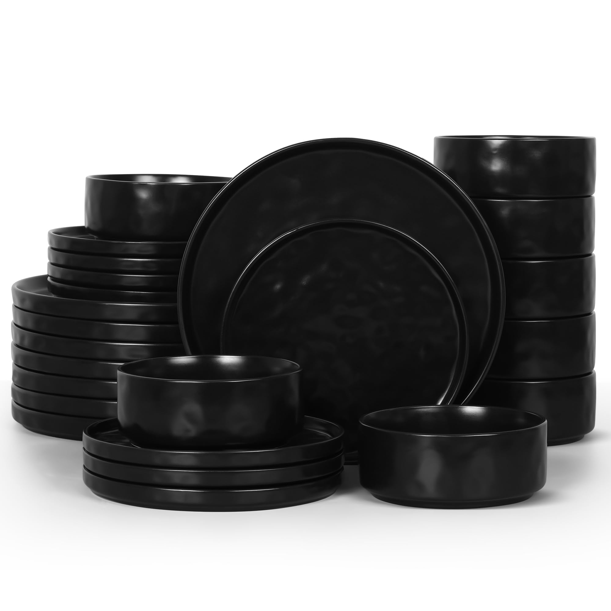 LIANYU 24 Piece Stoneware Dinnerware Set, Obsidian Matte Black