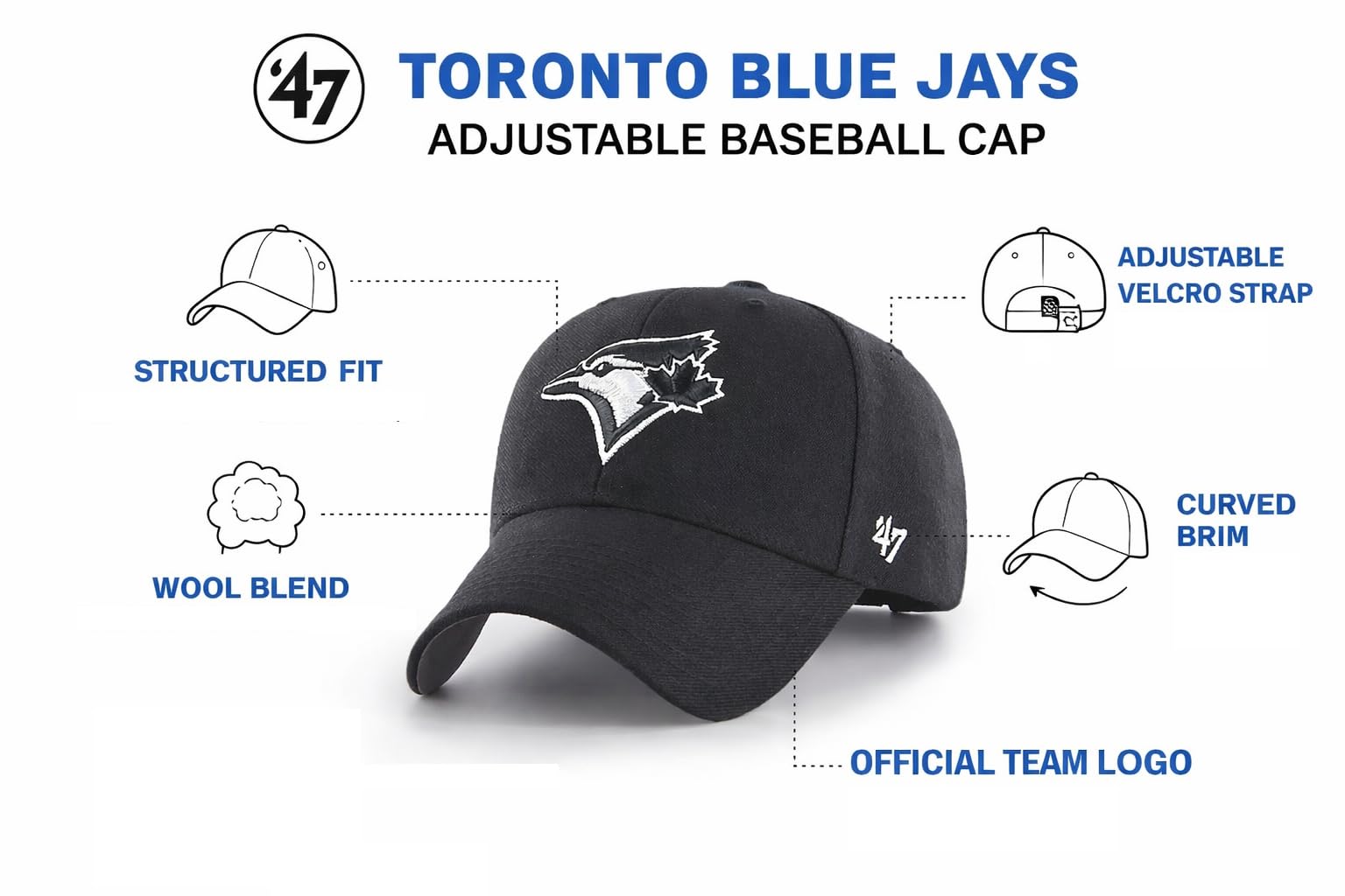 47 MLB Toronto Blue Jays MVP Adjustable Baseball Cap – Structured Wool Blend Hat, Curved Brim, Velcro Strap, One Size Fits Most – Black - 4