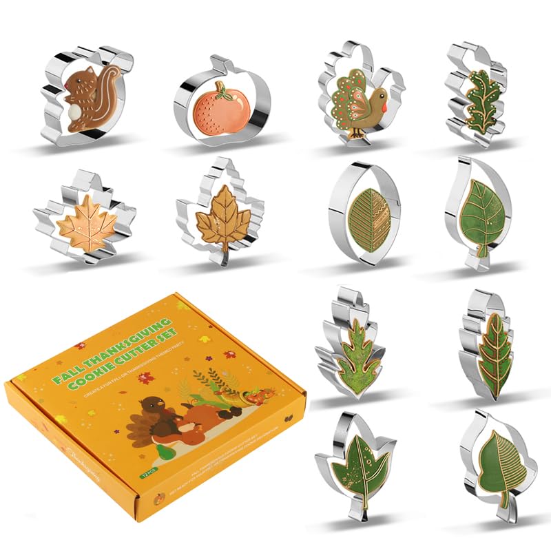Thanksgiving Cookie Cutters Set of 12, Stainless Steel Fall Biscuit Mold Fall Holiday Cookie Cutters - Turkey, Pumpkin, Acorn, Football, Squirrel, Maple/Oak/Teardrop Leaf etc. (Gift Box)
