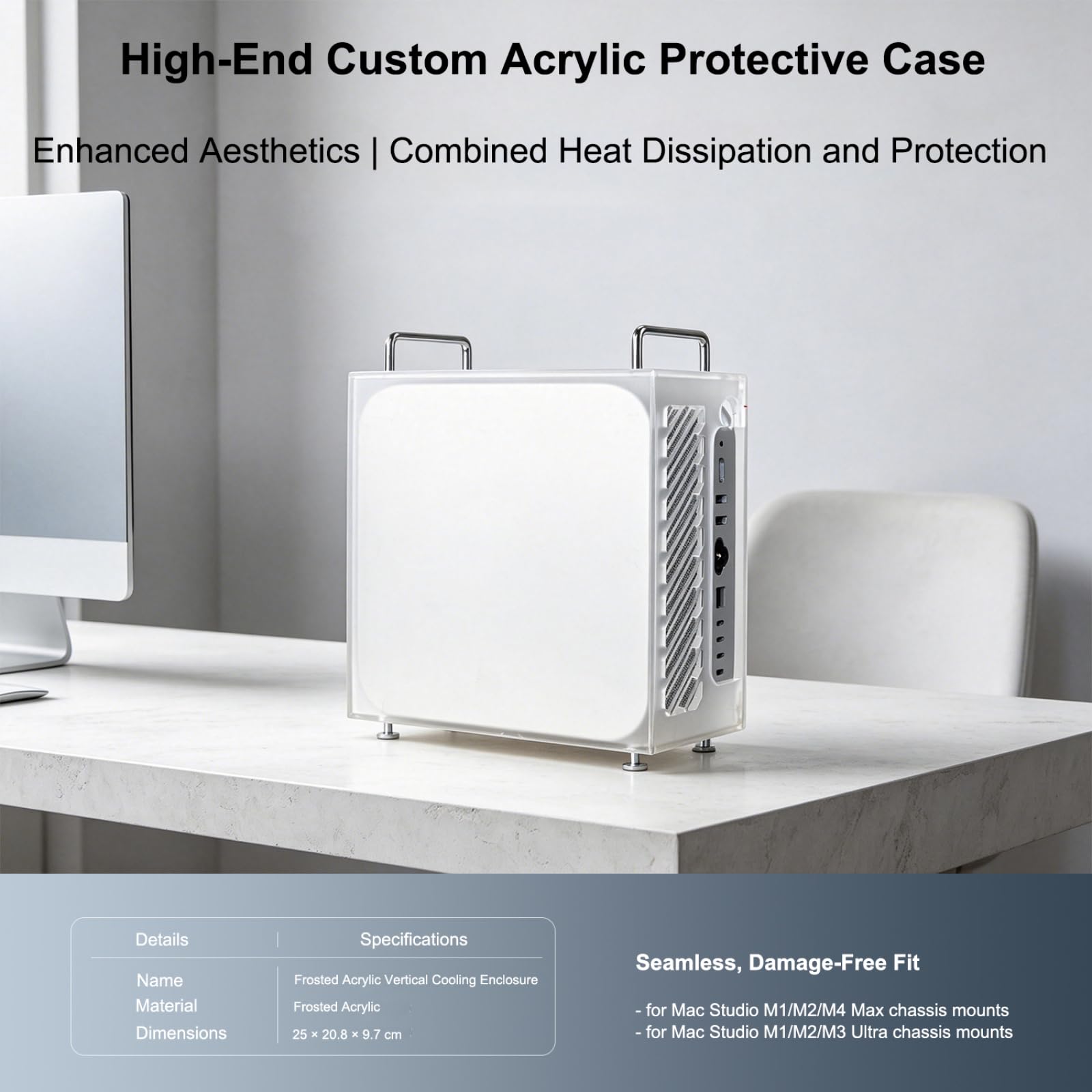 Funda con soporte para Mac Studio M1/M2/M4 Ultra, funda vertical de acrílico esmerilado con cubierta lateral magnética de acceso completo al puerto, ventilación refrescante, antiarañazos, a prueba de