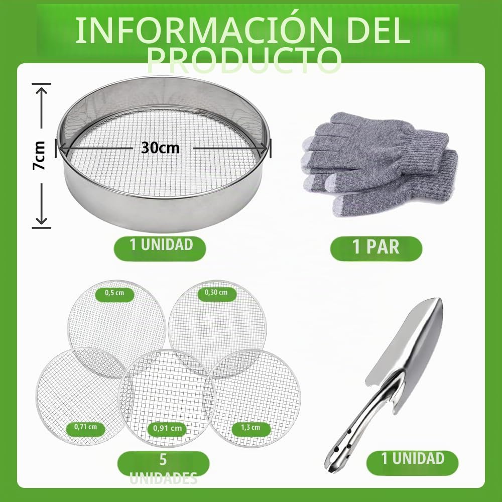 Tamiz de Jardín de Acero Inoxidable,Tamiz Jardín 5 en 1 Redondo 30 cm,con 5 Insertos de Tamiz Intercambiables Ø 3,6,9,10,12 mm,Tamiz Redondo de Jardín,Tamiz de Compost para Tierra, Compost, Semillas
