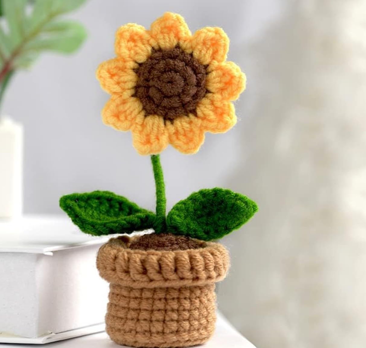 VRB DecTM 1 Pcs Crochet Flowers Artificial Sunflower for Office Desk Car Dashboard Decor,Home Decoration, Office, Bedroom, Christmas Decor, Wedding (Sunflower with Crochet Pot)