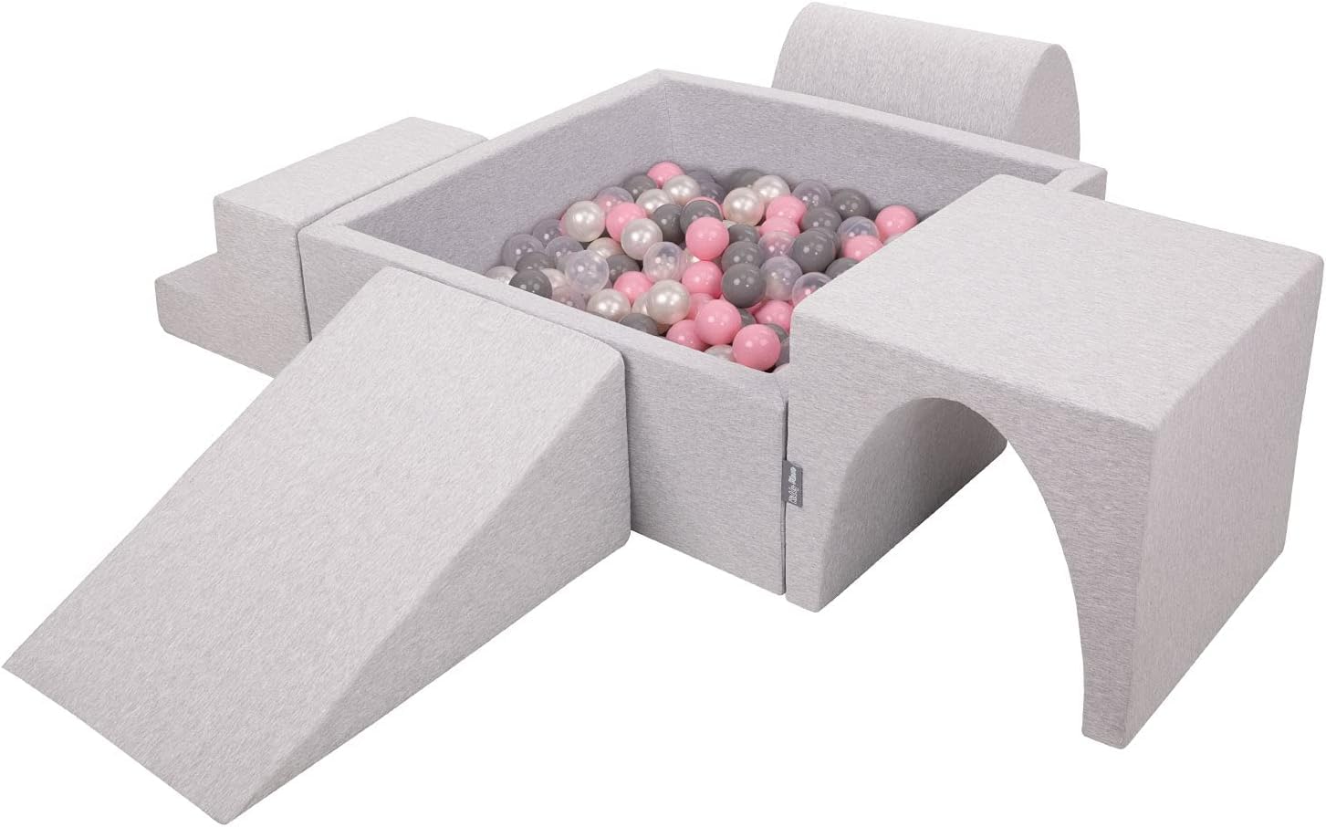 KiddyMoon Foam Playground For Kids With Square Ballpit (200 Balls ∅ 7Cm/2.75In) Soft Obstacles Course And Ball Pool Made In EU, Lightgrey:Pearl/Grey/Transparent/Powderpink — image 1