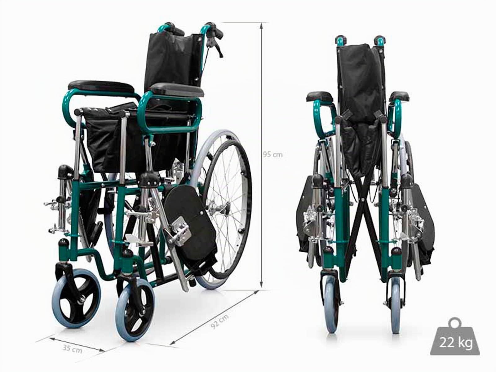 QUIRUMED Silla de ruedas reclinable con reposacabezas, Asiento 46 cm, Ligera, Plegable, Reposabrazos abatibles, Ruedines antivuelco, Frenos de mano y en manetas, Para mayores, Para minusválidos