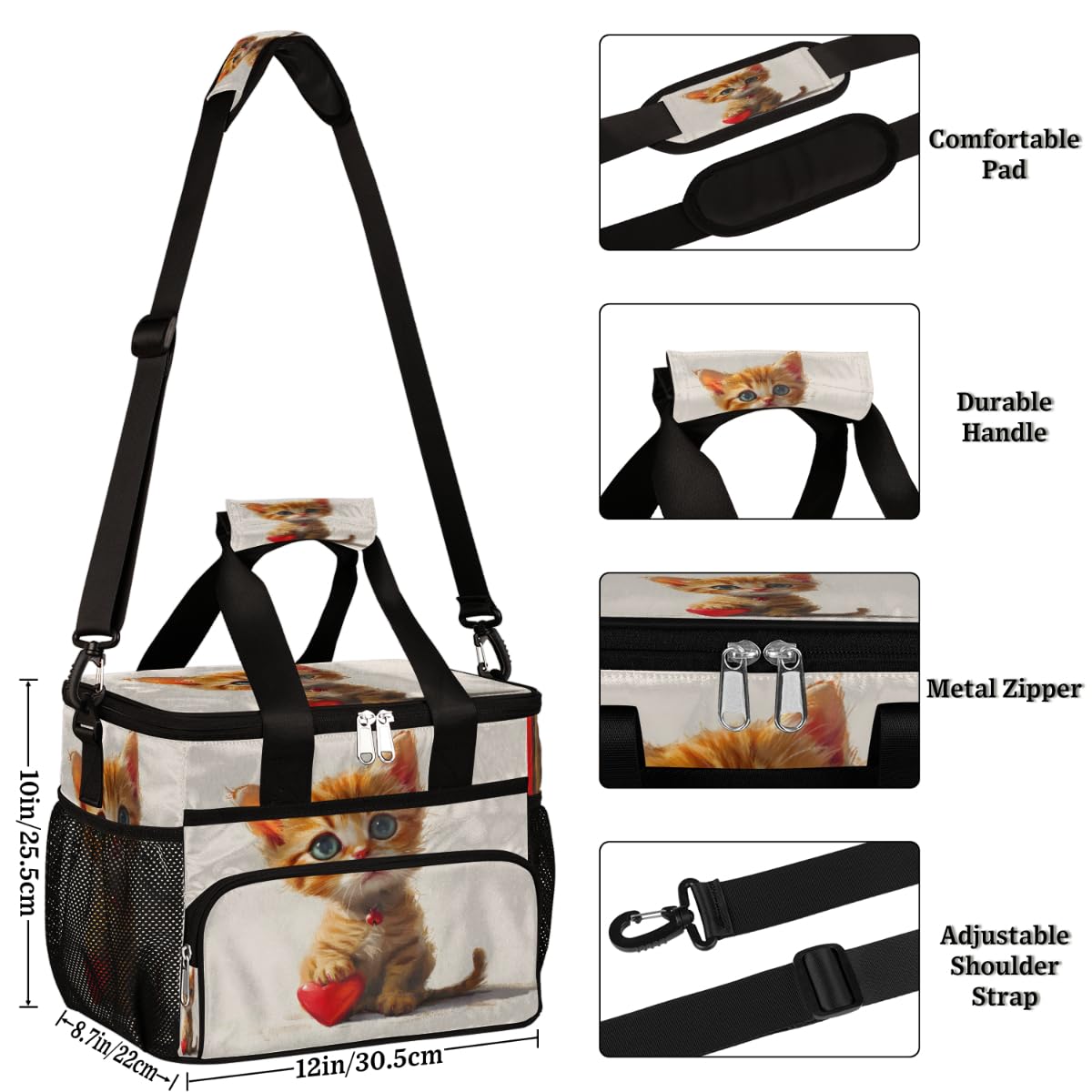 Valentine's Day Cat Insulated Picnic Backpack Lunch Box for Women Men Picnic Basket Tote Lunch Bag Picnic Bag Portable Lunch Bags for Picnic, Beach, Work, Trip,Office, Camp Cute Kitten