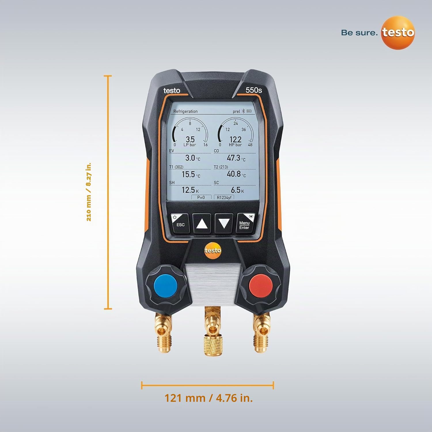 Juego de manómetros de colector AC Testo 550s – Manómetros HVAC y de refrigeración – Incl. 2 sondas de abrazadera de temperatura con cable – Kit de recarga de AC con sobrecalentamiento
