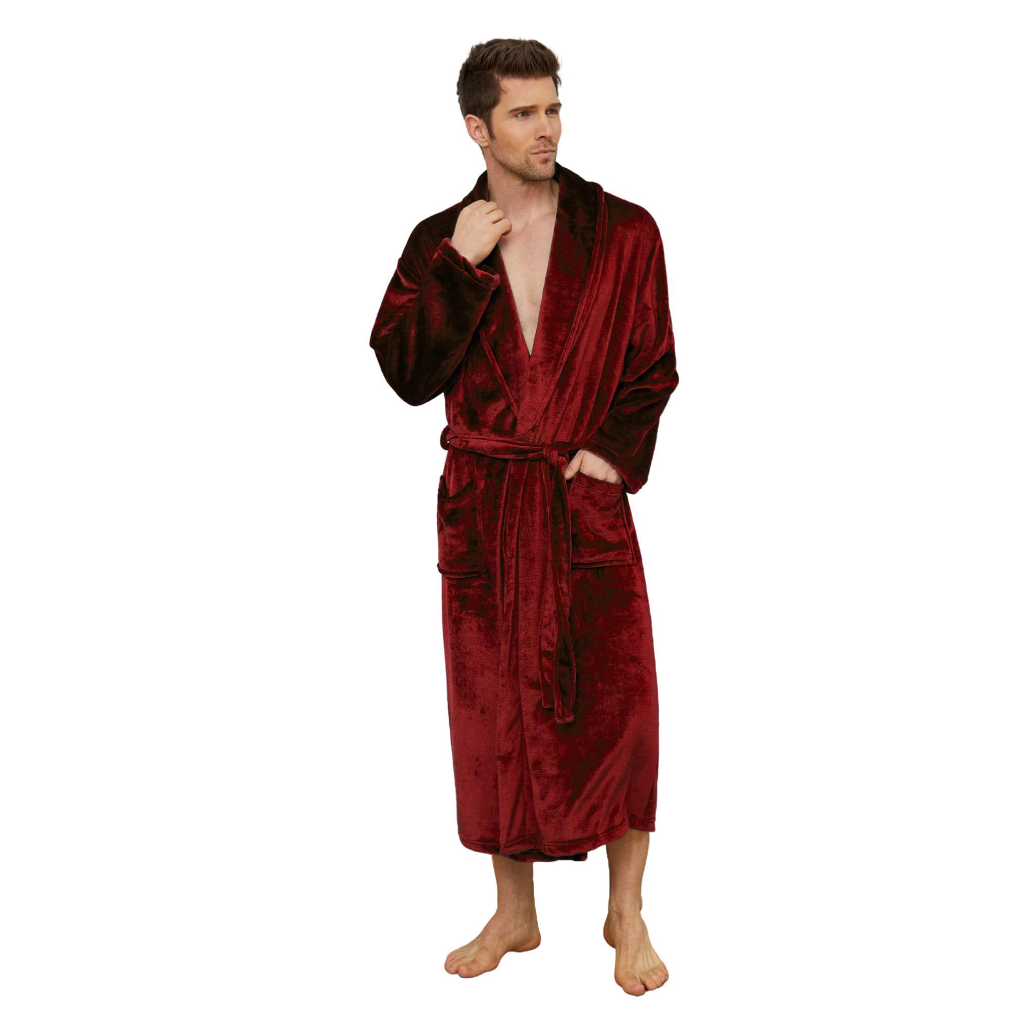 Mens Fleece Robe Plush Collar Shawl Bathrobe