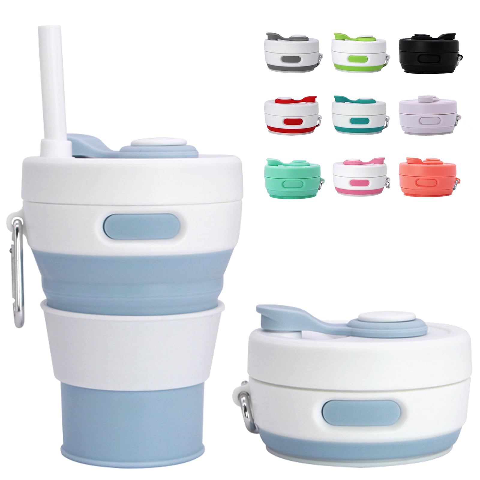 MOMAHUA 450ml/15oz Collapsible Coffee Cup with Lids,Light Blue Silicone Portable Water Cups,Reusable Coffee Mug,Foldable Camping Travel Cup Fits in Your Pocket,Folding Mug Collapses to 6cm