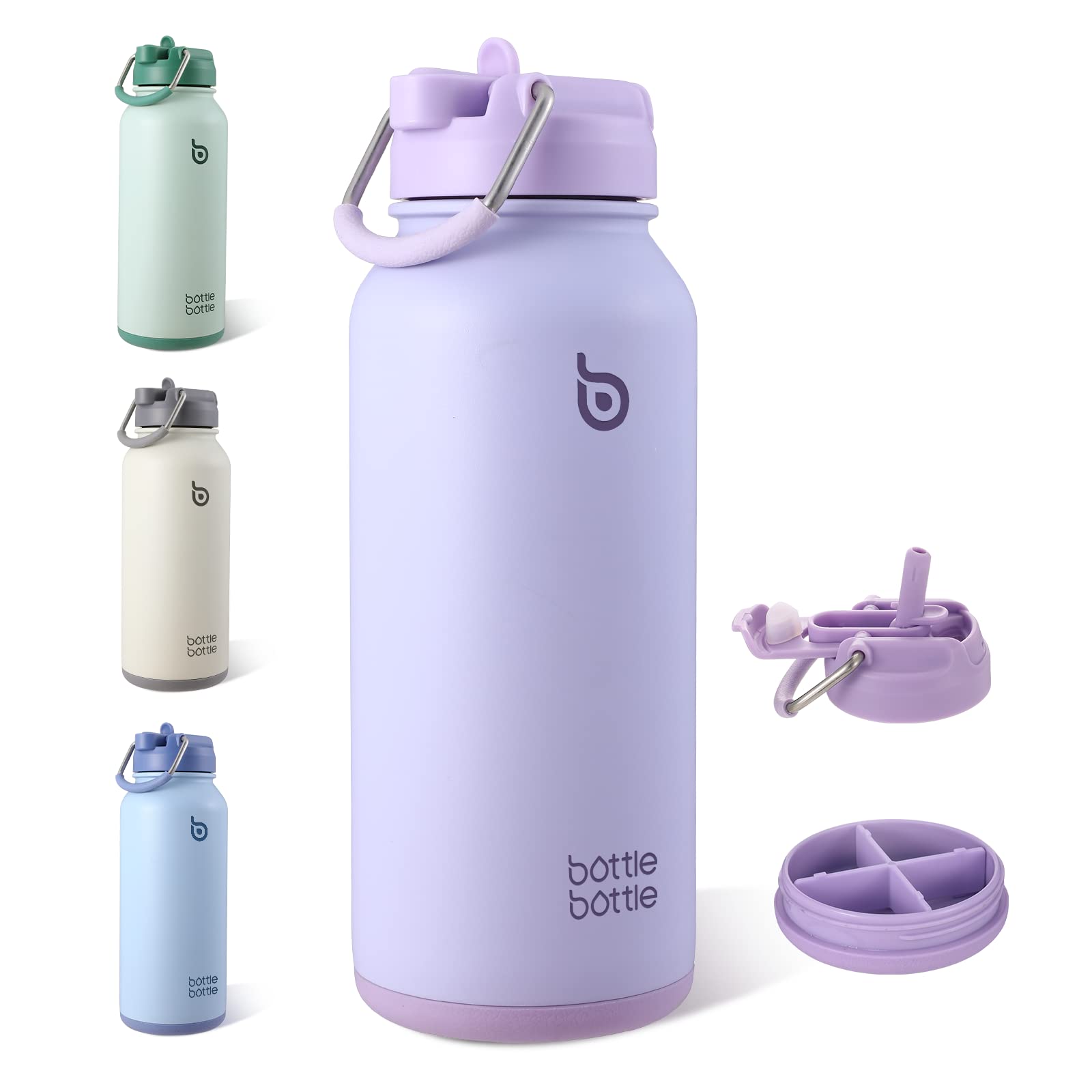 BOTTLE BOTTLE 32oz Insulated Water Bottle Stainless Steel Sport Water Bottle with Straw Dual-use Lid Design for Gym with Pill Box (purple)