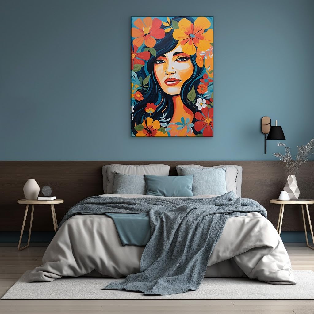 Canvas for Living room. Blossoming Serenity: A Digital Portrait of Feminine Grace and Floral Elegance, 27 x 18 inch Canvas Wall Art - Contemporary Masterpieces - Botanical Home Decor