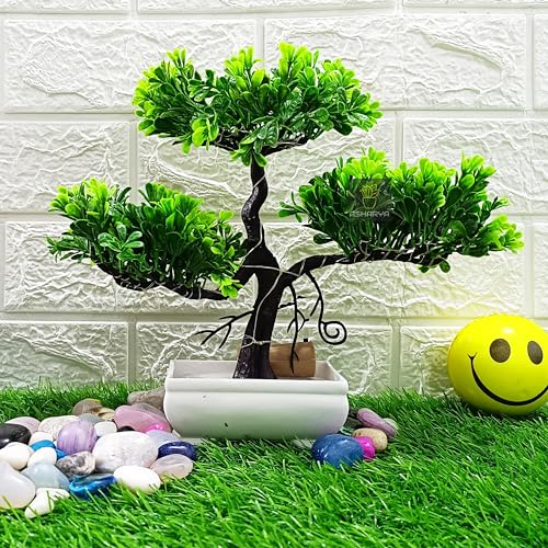 Image of Artificial LED Bonsai Plat with Lush Colorful Foliage in Elegant Plastic Pot | Artificial Plants with Pot | Fake Bonsai Tree | Home Decor Items (Green, 24cm)