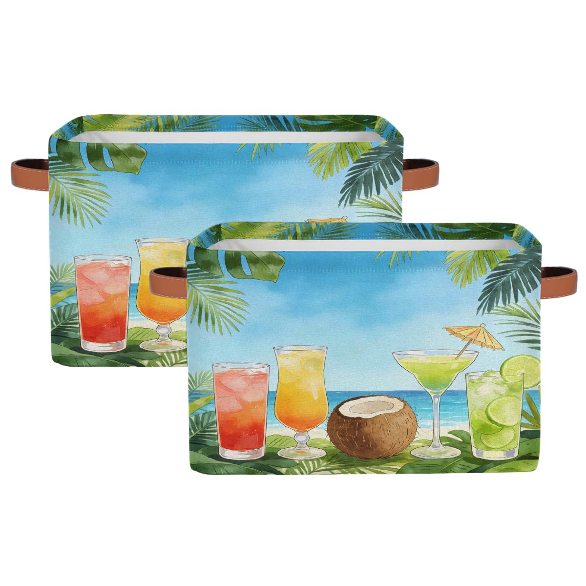 Sommer-Cocktail-Aufbewahrungskorb aus Kokosnuss, rechteckig, mit Ledergriffen, faltbarer Stoff-Aufbewahrungskorb für Schrank, Badezimmer, Wohnzimmer, Büro, Spielzeug, Organizer, Wäschekorb, 2