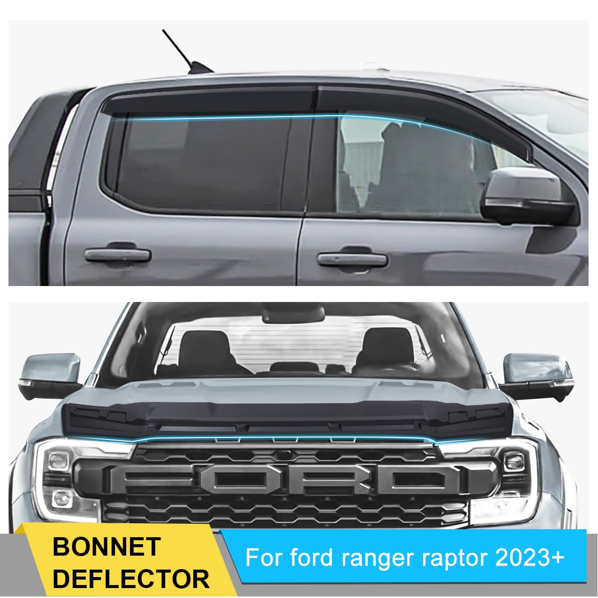 Steinschlagschutz + Windabweiser Zubehör für Ford Ranger 2023-2026 T9 Wildtrak Raptor Platinum XL XLT Limited Tremor Wildtrak X(Motorhaubenschutz +Winddeflektoren)