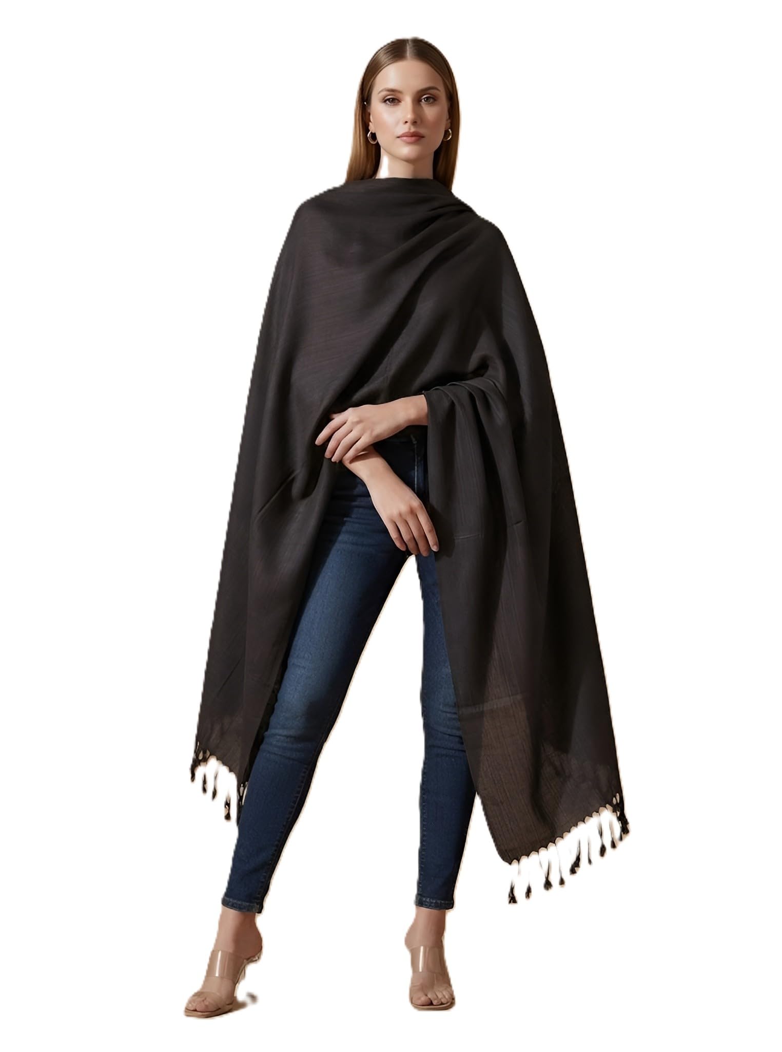 Women Solid Self-Textured Woven Viscose Stole with Tasselled Border-image-23