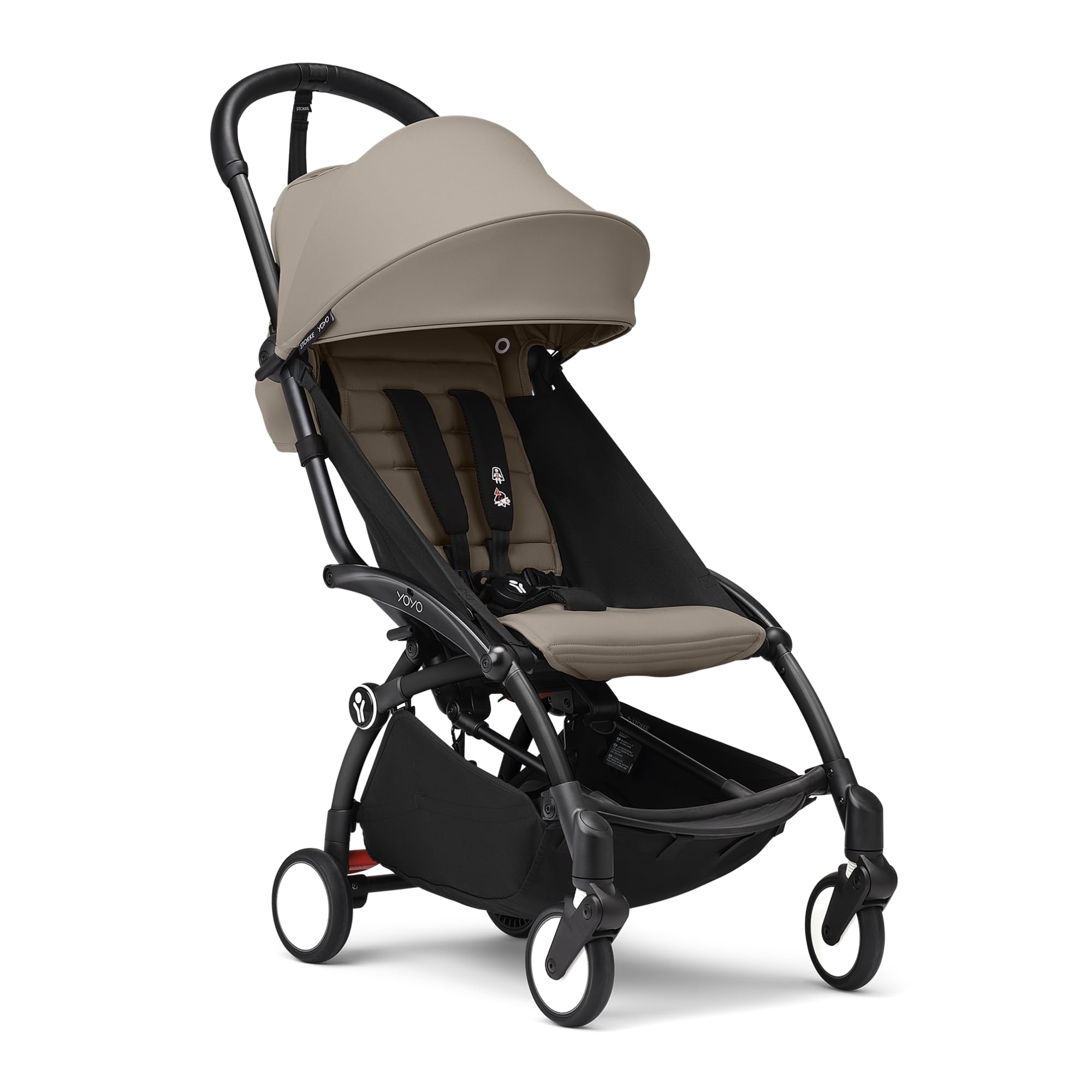 Stokke YOYO3 Kinderwagen ab 6 Monaten - Inklusive schwarzem Rahmen / taupefarbenem Sitzkissen + Verdeck - Blitzschnell ein- und ausklappbar - Leicht & kompakt - Handgepäck-kompatibel