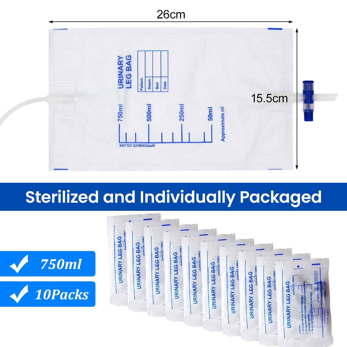 10 Stück 750ml Urinbeutel katheterbeutel, Urinbeutel Beinbeutel, Katheter Beinbeutel, Urindrainagebeutel mit 2 Stoffgurten, Ventil und T-Ablass