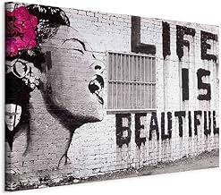 B&D XXL - Akustikbild Banksy Life is Beautiful Bilder Akustikschaum Hochleistungsschallabsorber Schallschutz Leinwand 1 tlg Wandbild Raumakustik Schalldämmung Pop Art Street Art