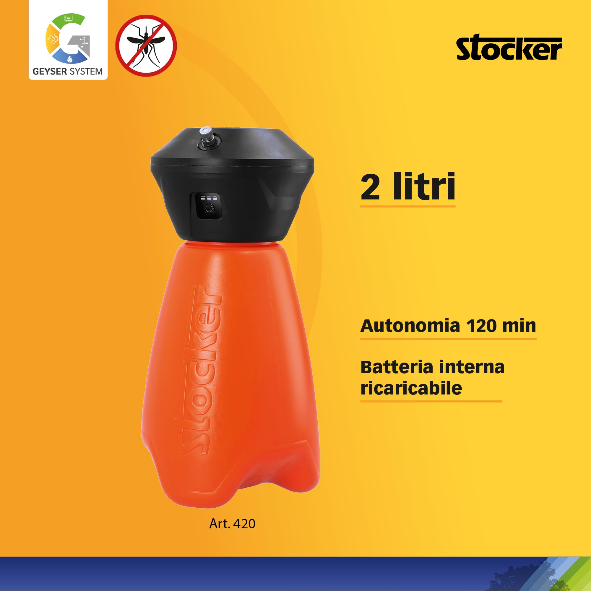 STOCKER - KIT Nebulizzatore Giardino Elettrico Geyser Compact - Geyser Mini 2 L con Batteria Li-Ion + Disabituanate Florifens + Kit Balcone Anti-Zanzare Estendibile Fino a 10 m
