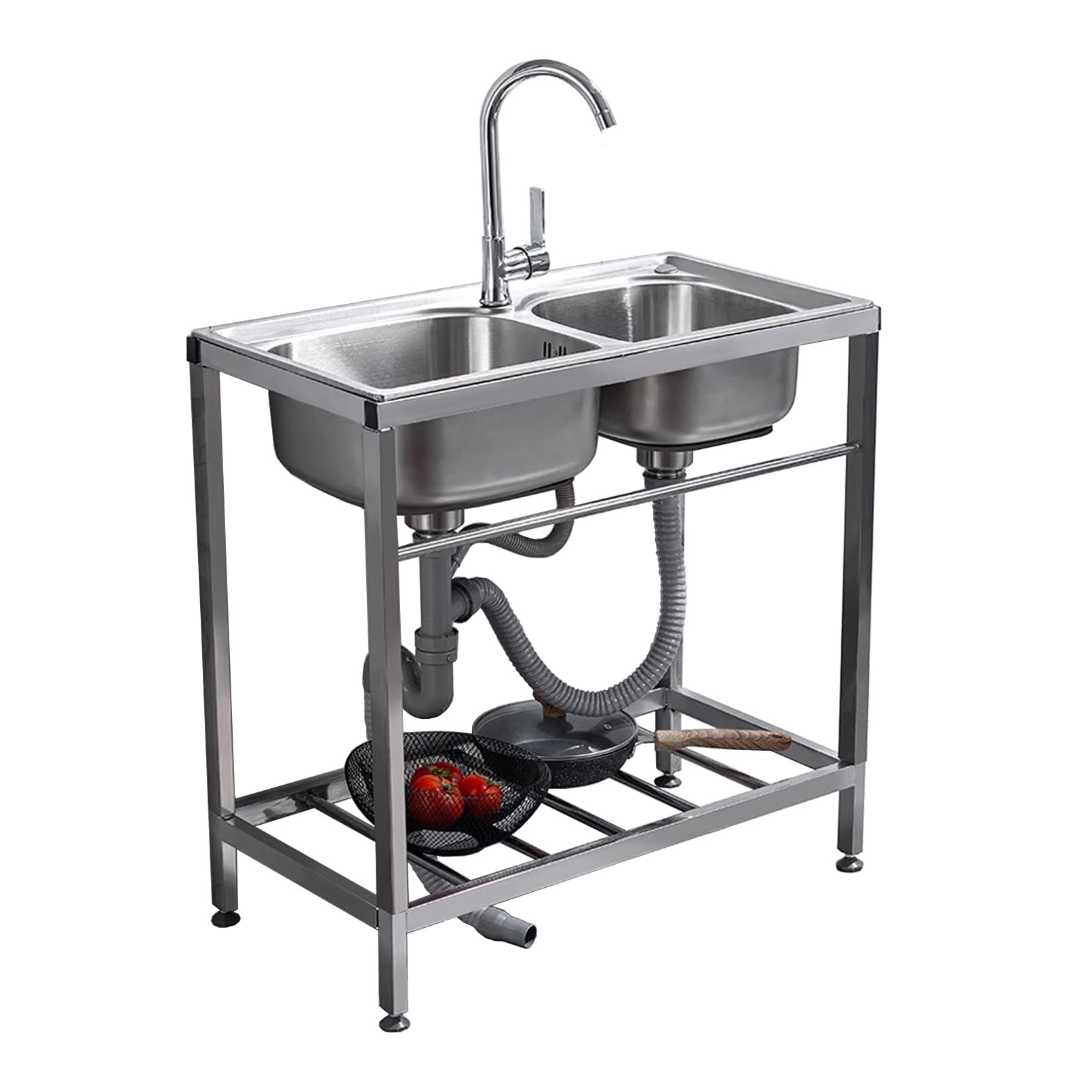 LMYSXAOZ Double Bowl Kitchen Sink, Freestanding Stainless Steel Farmhouse Workstation Sink Kit w/Faucet & Soap Dispenser, Commercial Restaurant