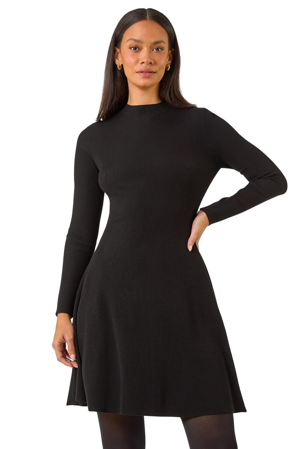 Roman Originals Women's Black Dusk Fashion Ribbed Skater Jumper Dress For Uk - Everyday Autumn Winter High Neckline Comfy Soft Evening Vacation Work Party Night Out - Size 14
