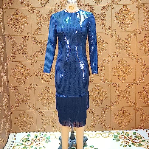 Image of Cololura Sexy Elegant Women Sequin Long Sleeve Tassel Bodycon Midi Dress Party Evening Gown Formal Dress