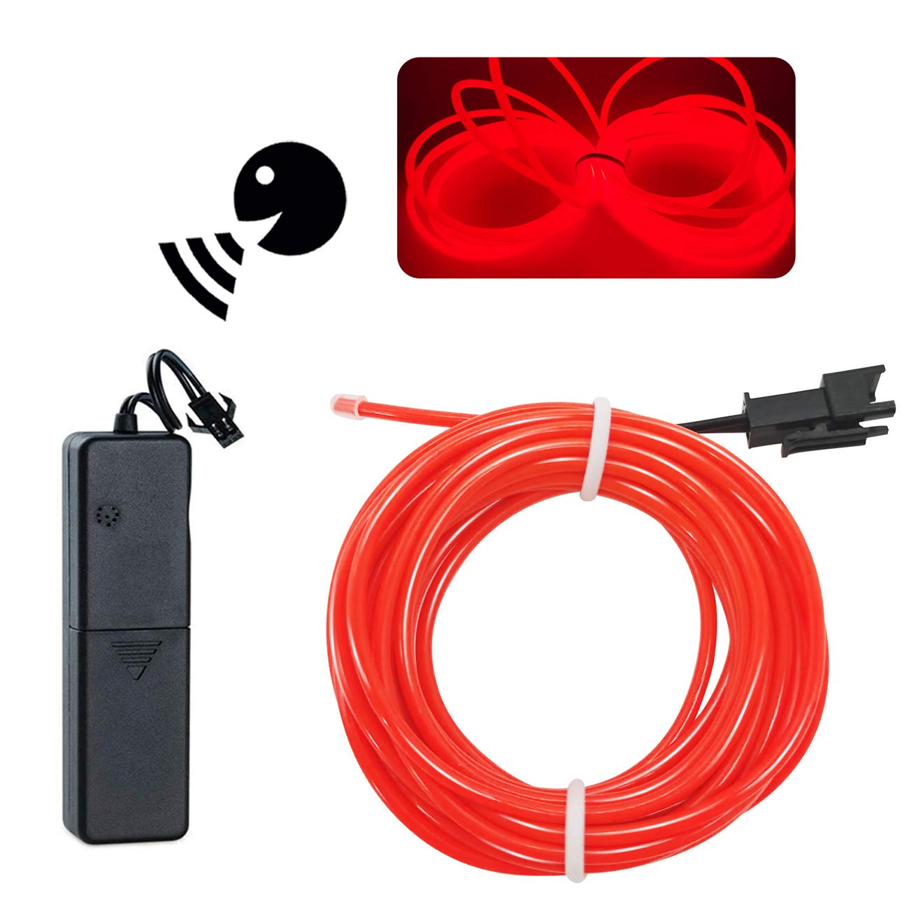 Balabaxer Red El Wire Bright Sounds Control/Constant Light/Flash 9Ft Neon Lights Glowing Strobing Electroluminescent Wire With Battery Operated For Parties, Halloween, Diy Decoration
