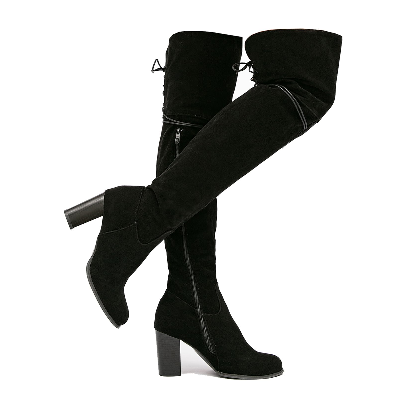 Women's Over The Knee Thigh High Chunky Heel Boots Side Zipper Suede Lace-up Long Stretch Sexy Winter Boots Shoes