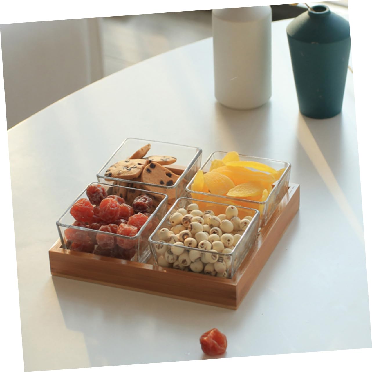 Abaodam Plateau En Verre à 4 Compartiments Transparent Support En Bois, Assiette De Fruits Secs Et Noix, Service Apéritif Pour Maison, Bar, Restaurant, Ensemble De Service Sans Couvercle