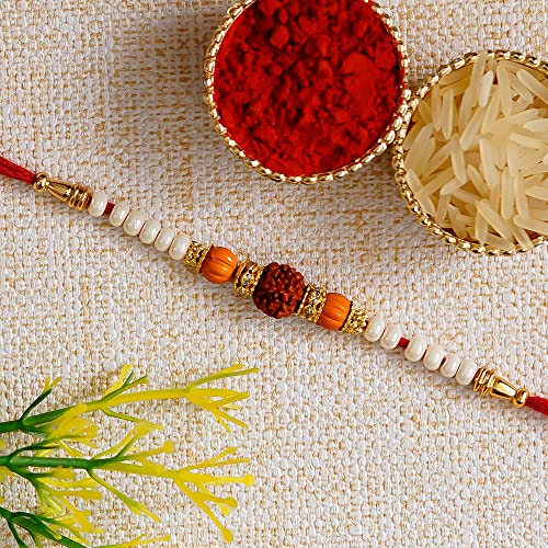 Image of eCraftIndia Red & Golden Set of 5 Om Symbol and Lord Ganesha Designer Religious Rakhi with Roli Chawal Pack