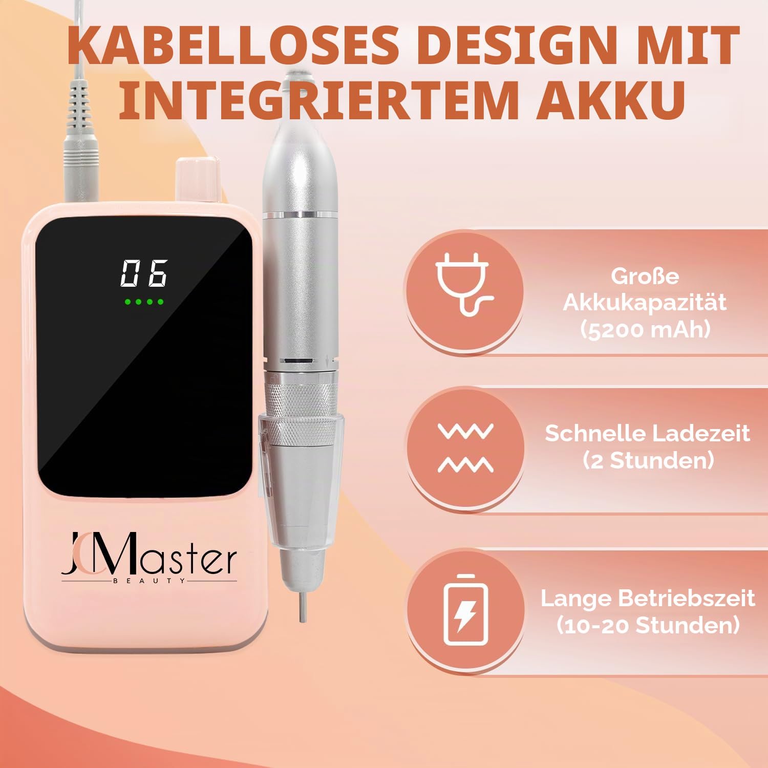 Nagelfräser JCMaster Profi, Fräser Nägel 35.000 U/Min, tragbare Elektrische Nagelfeile für Gelnägel Acrylnägel mit wiederaufladbare Batterie, elektrische Nagelfräser, inkl 12x Bits, Knopfsteuerung