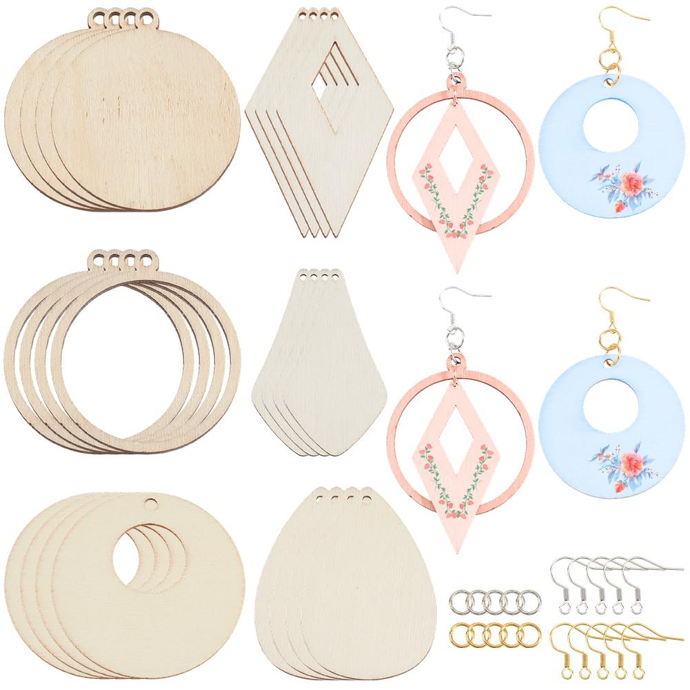 SOFPLATE 272Pcs 6 Shapes Wooden Dangle Earring Making Kit Unfinished Wood Earrings Large Teardrop Circle Kite Charms Dangle Pendants Cutout with Earwire Hooks Jump Rings for Jewellery Making Crafts
