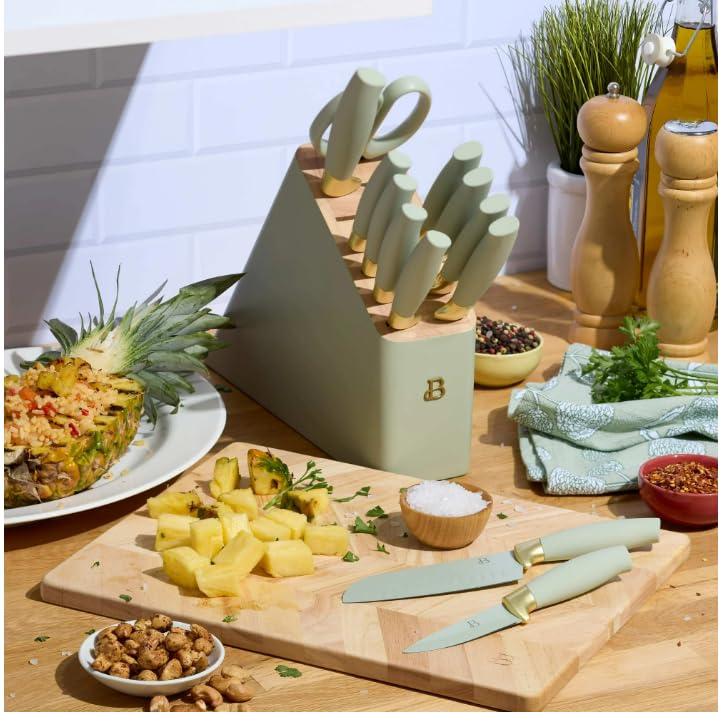 Drew Barrymore 12-Piece Knife Set – Stainless Steel with Soft-Grip Handles & Block, Sage Green