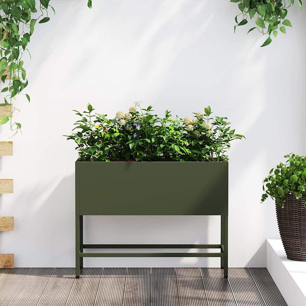 Podwyższona grządka ogrodowa, oliwkowa zieleń, 60 x 26 x 45 cm, stal, wytrzymała metalowa skrzynka na rośliny do użytku na zewnątrz, odporna na promieniowanie UV, łatwy montaż, idealna do ogrodu i na