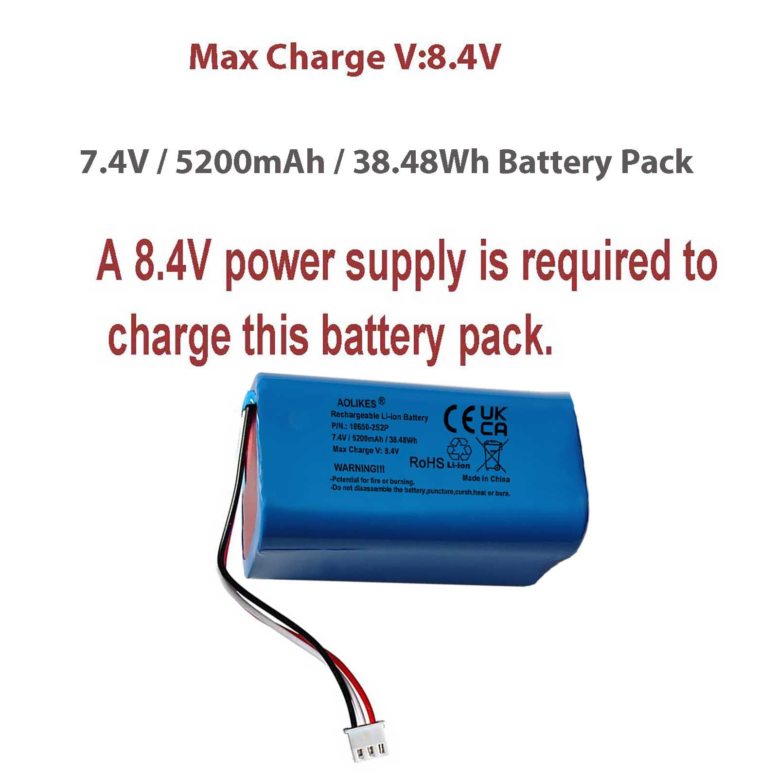 AOLIKES Batterie lithium-ion rechargeable 18650 2s2p 5200 mAh 7,4 V avec connecteur XH2.54/3P mâle / cellules 5C / prend en charge la charge rapide