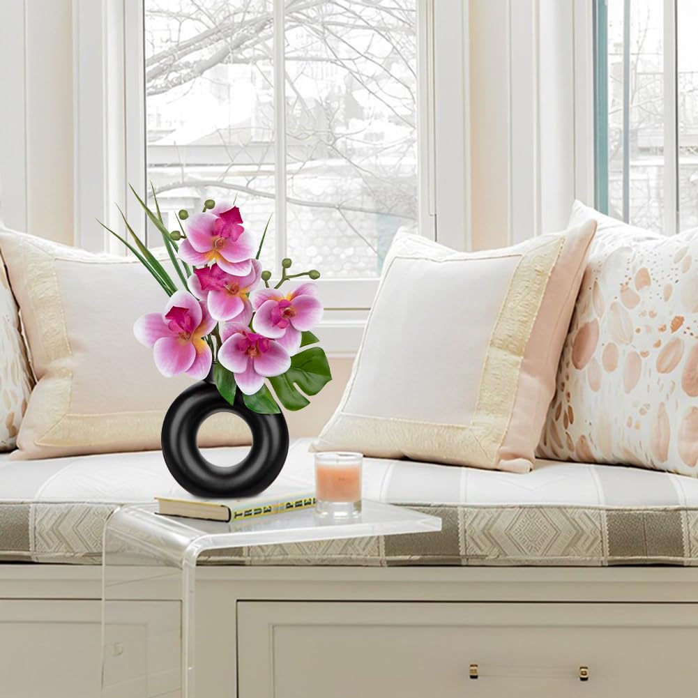 Oairse 2PCS Small Pink Orchid Artificial Flowers in Black Ceramic Pot Silk Orchid Floral Arrangement Fake Orchid Plant for Home Office Dining Room Shelf Table Centerpiece Decoration - Image 3
