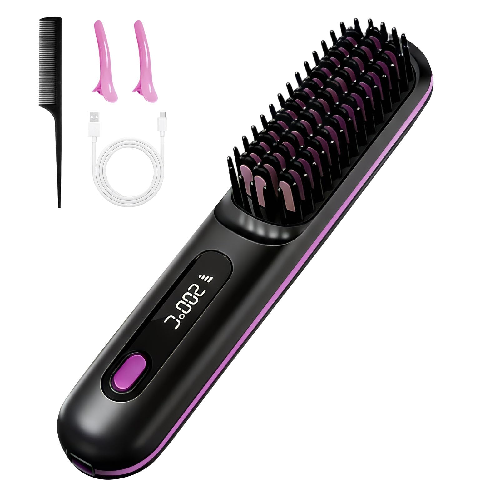 Brosse Chauffante Sans Fil Portable Mini Lisseur Cheveux Court Barbe | avec 3 Températures affichage LCD Peigne Lissant Céramique Anti-Brûlure pour Voyage Retouches Rapides Femme All Hair Type