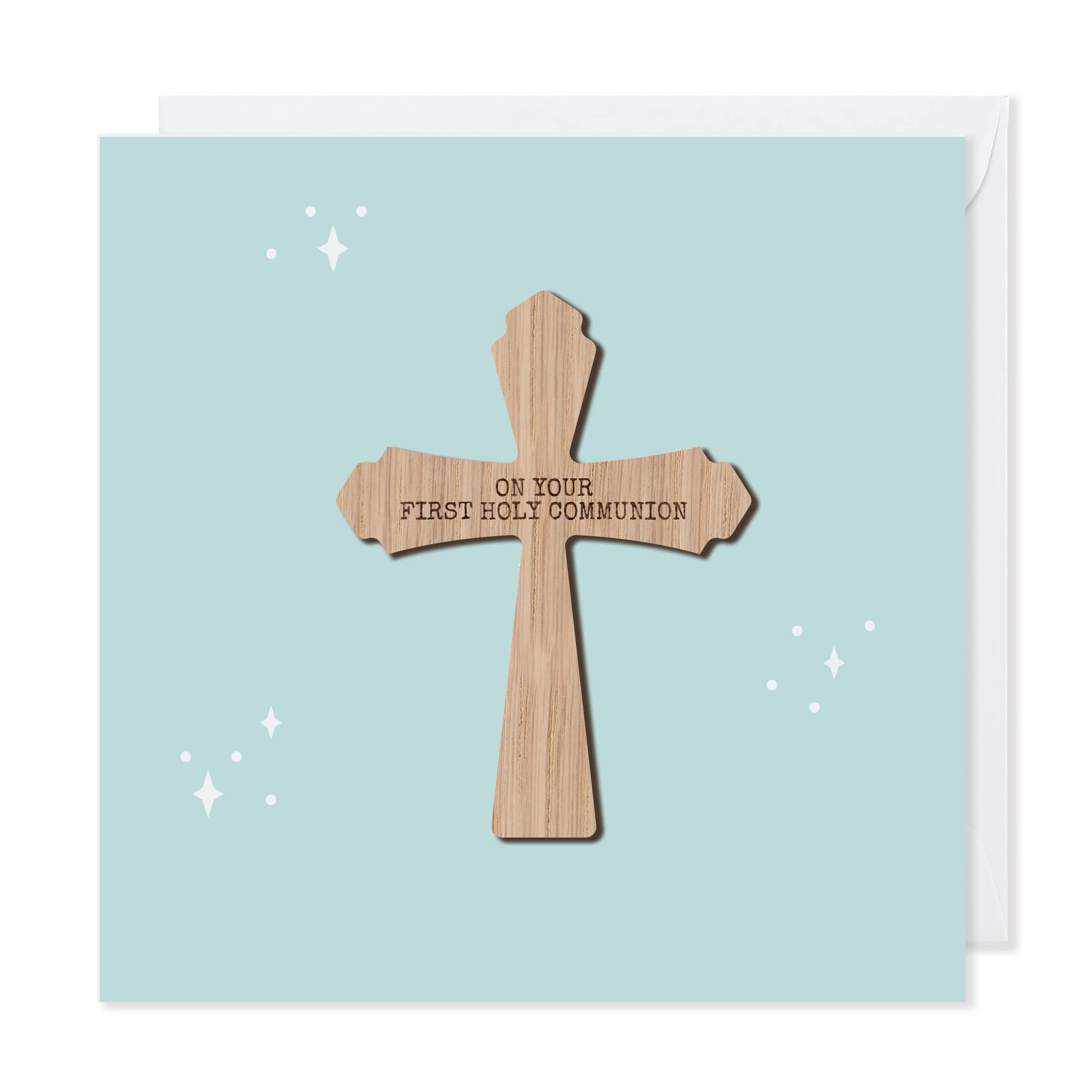 First Holy Communion Card for Boy with Removeable Wooden Cross Keepsake (Blue, First Holy Communion), 144mm x 144mm