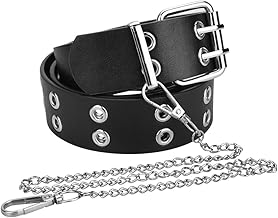 Double Hole Rivet Belt with Leather Rivets Leather Belt with Rivets Leather Belt with Holes Punk Rock Style with a Chain Decorative Trousers for Men and Women 3.8 x 110 cm (Black), Black,