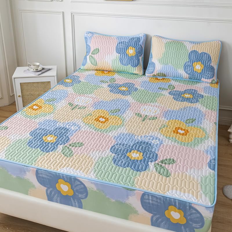 FCLDESHOP Bed Encasement,Thicken Pure Cotton Quilted Non-Slip Fitted Sheets, Cartoon Printed Mattress Sheets for Boys and Girls Bedrooms,Green,150 * 200cm+10cm (1pcs)