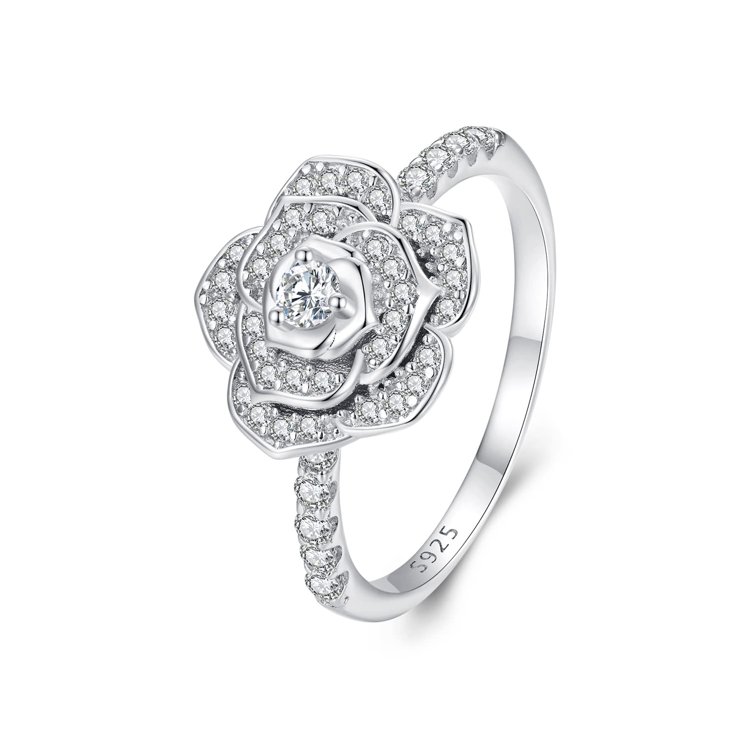 925 Sterling Silver Rose Flower Ring Wedding Band Engagement Primise Ring for Women White Gold Plated Silver Ring Anniversary Valentine's Day Birthday Mother's Day Jewelry Gift for Women